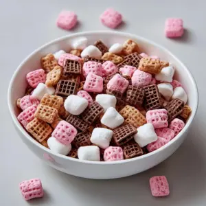 Bowl of sweet Neapolitan Puppy Chow with chocolate, vanilla, and strawberry layers.