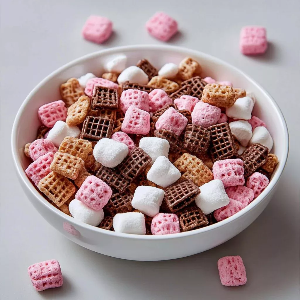 Bowl of sweet Neapolitan Puppy Chow with chocolate, vanilla, and strawberry layers.