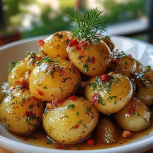 Jar of tangy brined potatoes ready to serve
