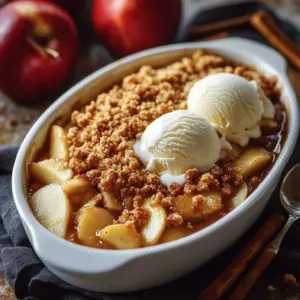 Delicious homemade apple crisp served in a bowl with a crunchy topping.