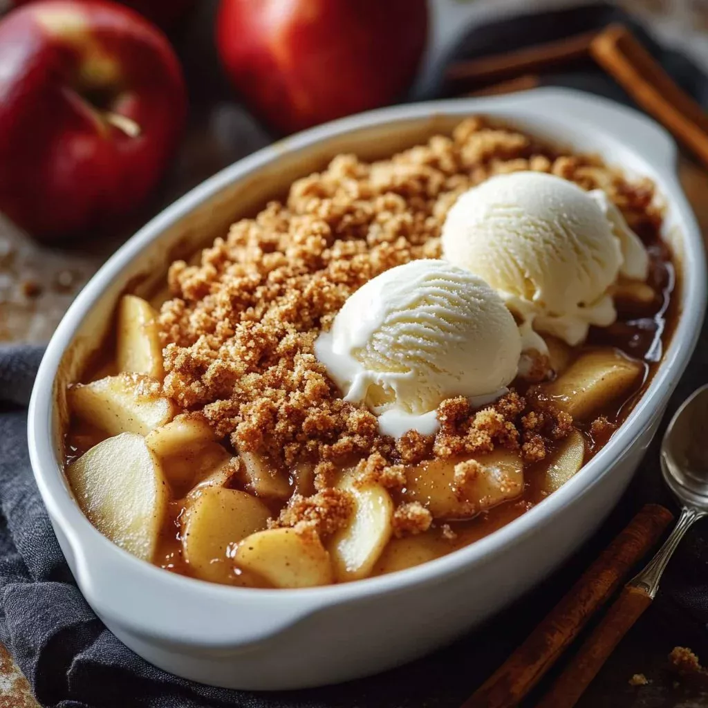 Delicious homemade apple crisp served in a bowl with a crunchy topping.