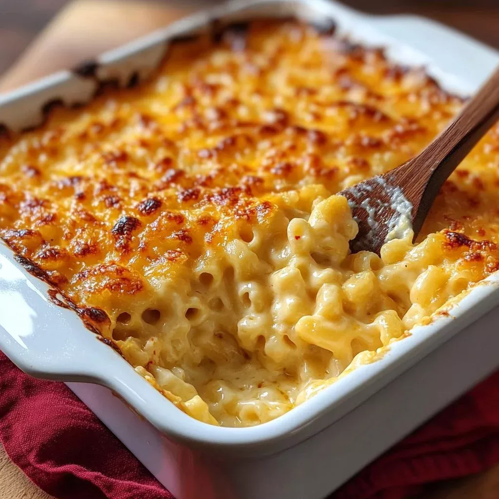 Delicious baked macaroni and cheese in a golden crust