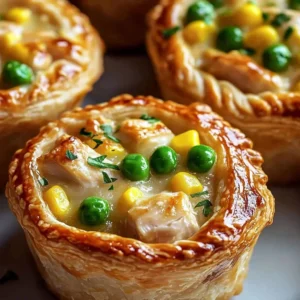 Tiny chicken pot pies served on a rustic wooden table
