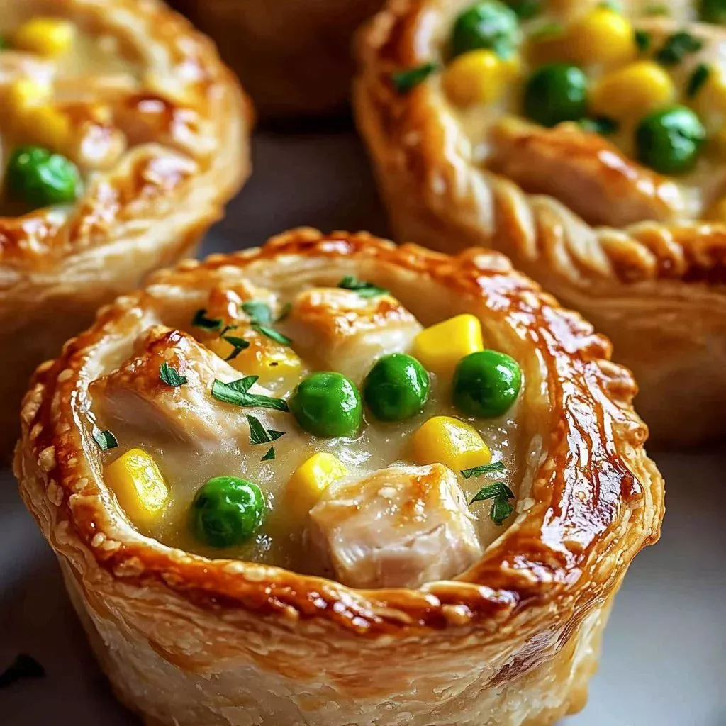 Tiny chicken pot pies served on a rustic wooden table