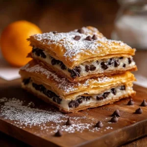 Traditional cannoli squares topped with chocolate and pistachios