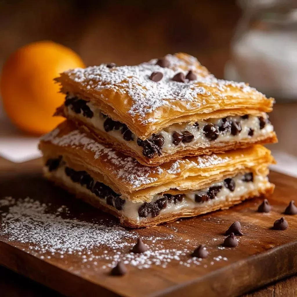 Traditional cannoli squares topped with chocolate and pistachios