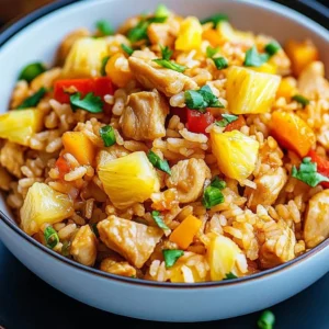 Tropical Pineapple Chicken Fried Rice with fresh vegetables and pineapple chunks