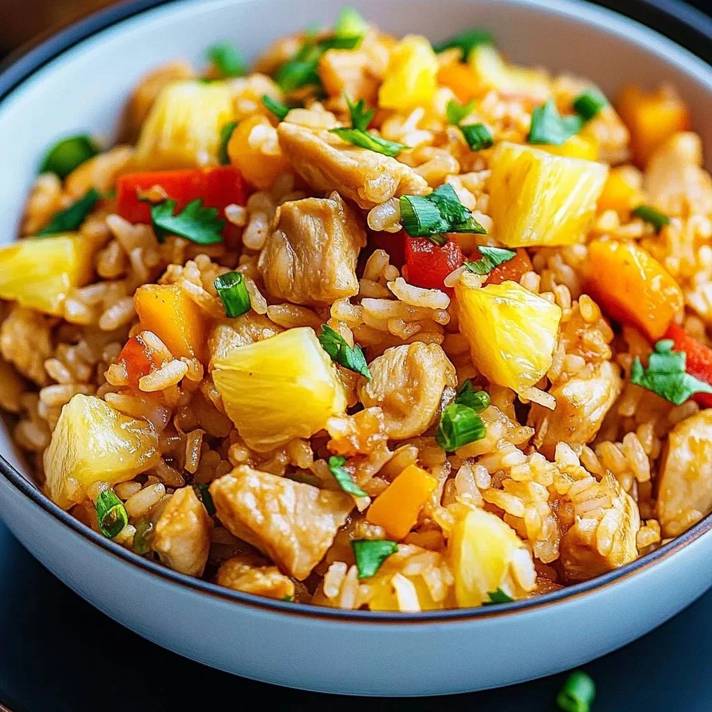 Tropical Pineapple Chicken Fried Rice with fresh vegetables and pineapple chunks