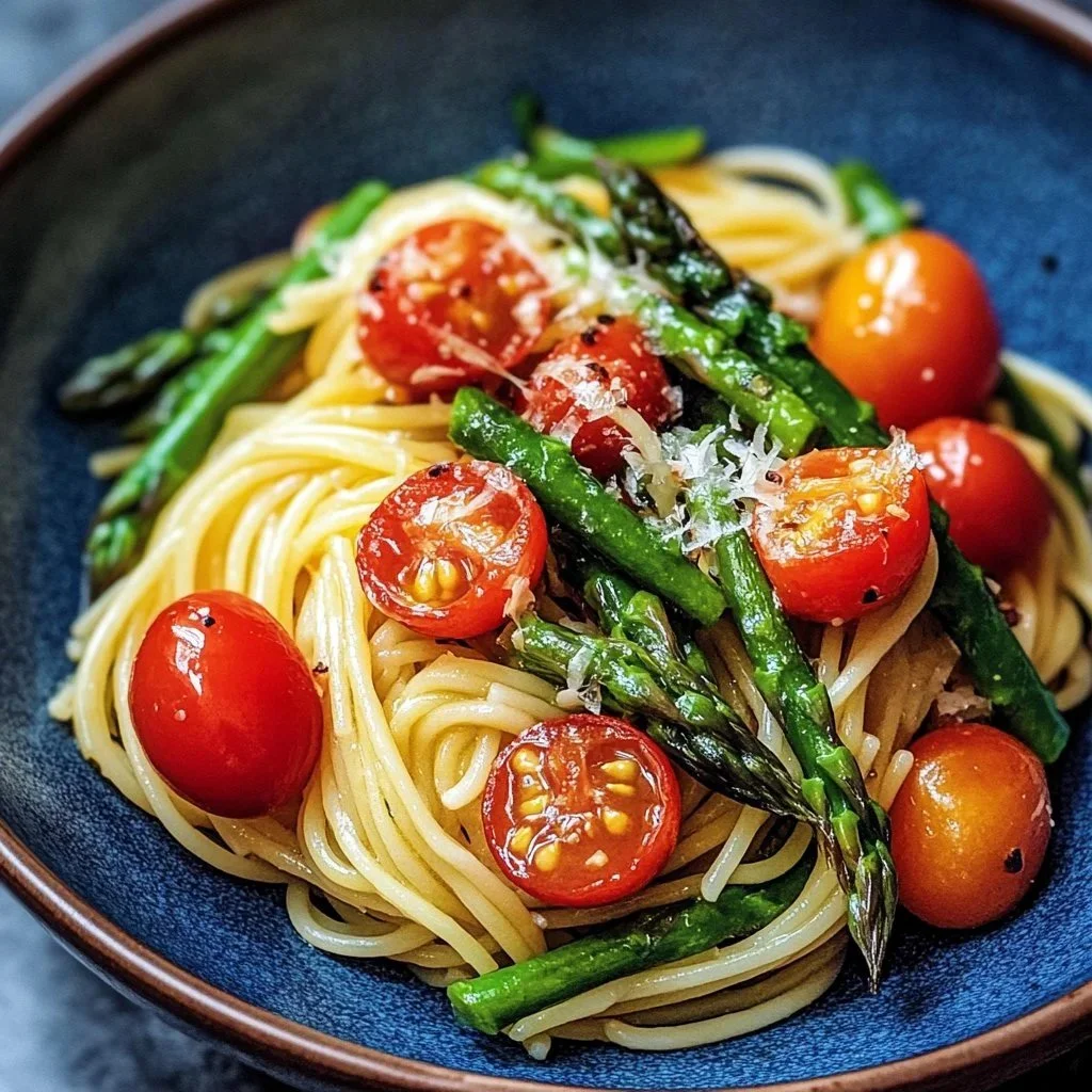 Vibrant dish of tomato asparagus pasta garnished with fresh herbs.