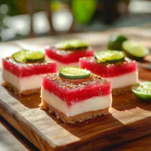 Delicious watermelon cheesecake bars with a lime crust on a plate.